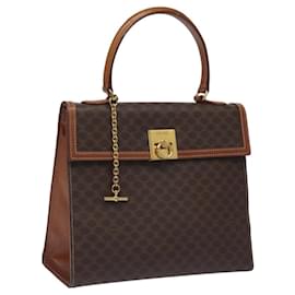 Céline-CELINE Macadam Canvas Hand Bag PVC Leather Brown Gold Auth BD1082-Brown,Golden