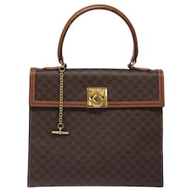 Céline-CELINE Macadam Canvas Hand Bag PVC Leather Brown Gold Auth BD1082-Brown,Golden