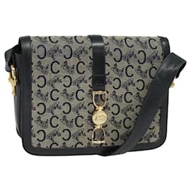 Céline-CELINE C Sulky Shoulder Bag Canvas Navy Gold Auth BD1174-Golden,Navy blue