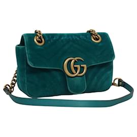 Gucci-GUCCI GG Marmont Chain Shoulder Bag Velor Turquoise Blue Gold 446744 Auth mr1269-Golden,Turquoise