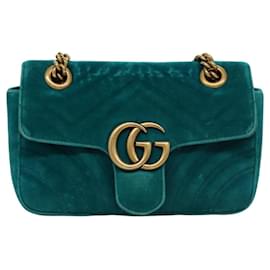 Gucci-GUCCI GG Marmont Chain Shoulder Bag Velor Turquoise Blue Gold 446744 Auth mr1269-Golden,Turquoise