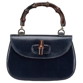 Gucci-Gucci Leather Bamboo Handbag Navy-Blue