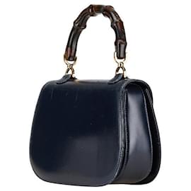 Gucci-Gucci Leather Bamboo Handbag Navy-Blue