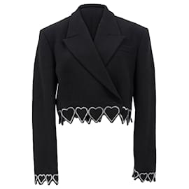 Mach & Mach-Mach & Mach Heart-Shaped Crystal-Trim Cropped Blazer in Black Wool-Black