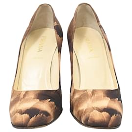 Prada-Prada Printed Block-Heel Pumps in Brown Satin-Brown,Red