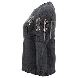 Brunello Cucinelli- Brunello Cucinelli Knitted Embellished Sweater in Grey Wool-Grey