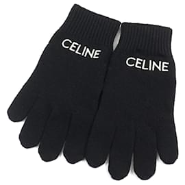 Céline-Celine Wool Logo Embroidered Knitted Gloves L-Black