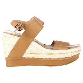 Stuart Weitzman-Stuart Weitzman Raffia Wedge Sandals in Brown Leather-Brown,Red