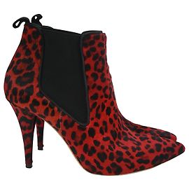 Dior Leopard Print Ankle Boots in Red Pony Hair Red