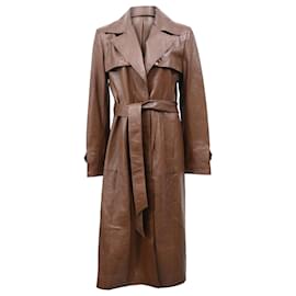 Herve Leger- Herve Leger Belted Single-Breasted Trench Coat in Brown Leather-Brown,Red