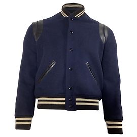 Saint Laurent Teddy Bomber Jacket in Navy Wool Blue Navy blue