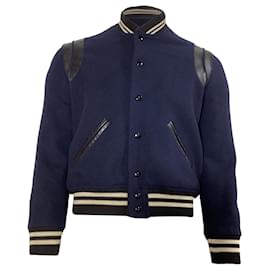 Saint Laurent-Saint Laurent Teddy Bomber Jacket in Navy Wool-Blue,Navy blue