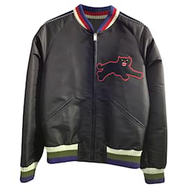 Gucci-Jaqueta bomber de satin preto bordada com pantera Gucci-Preto