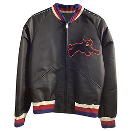 Giacca bomber in satin nero ricamata con pantera Gucci Nero