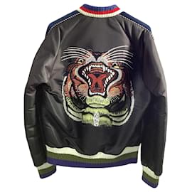 Gucci-Jaqueta bomber de satin preto bordada com pantera Gucci-Preto