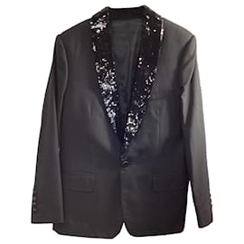 Céline-Celine Sequin Detail Shawl Blazer in Black Wool-Black