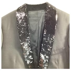 Céline-Celine Sequin Detail Shawl Blazer in Black Wool-Black