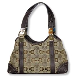 Gucci-Gucci Handbag 145761 Horsebit Canvas Leather-Brown,Beige