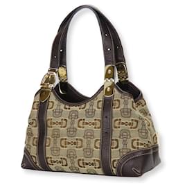 Gucci-Gucci Handbag 145761 Horsebit Canvas Leather-Brown,Beige