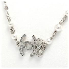 Chanel-Chanel Coco Mark Ribbon Motif Necklace-Silvery