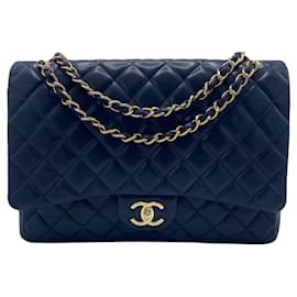 Chanel-Chanel Maxi Dark Navy Lambskin Timeless Classic Double Flap Bag Gold Hardware GHW-Navy blue,Dark blue,Gold hardware