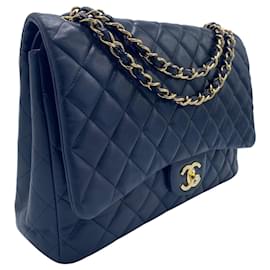Chanel-Chanel Maxi Dark Navy Lambskin Timeless Classic Double Flap Bag Gold Hardware GHW-Navy blue,Dark blue,Gold hardware