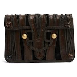 Fendi-Fendi Sac Pochette Black Brown Shaman Inspired Leather Velvet Clutch Shoulder Bag-Dark brown