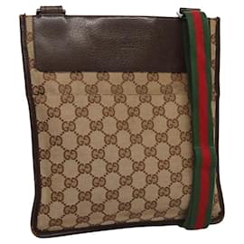 Gucci-GUCCI GG Canvas Web Sherry Line Shoulder Bag Beige Brown Silver 27639 Auth nb447-Brown,Silvery,Beige