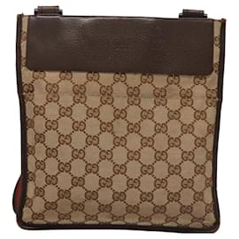 Gucci-GUCCI GG Canvas Web Sherry Line Shoulder Bag Beige Brown Silver 27639 Auth nb447-Brown,Silvery,Beige