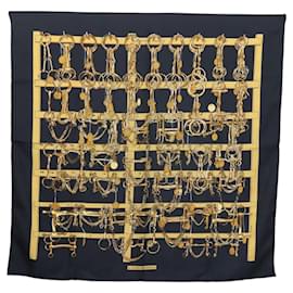 Hermès-HERMES Carre 90 Scarf MORS&FILETS Silk Black Yellow Auth my466-Black,Yellow