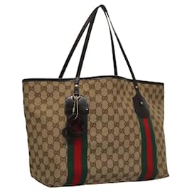 Gucci-GUCCI GG Canvas Web Sherry Line Tote Bag Beige Gold 211970 Auth nb275-Beige,Golden