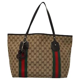 Gucci-GUCCI GG Canvas Web Sherry Line Tote Bag Beige Gold 211970 Auth nb275-Beige,Golden
