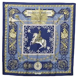 Hermès-HERMES Carre 90 Scarf LVDOVICVS MAGNVS Silk Blue Auth ki5596-Blue