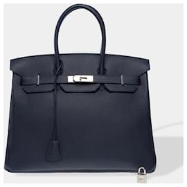 Hermès-HERMES Birkin 35 Bag in Blue Leather - 102615-Blue