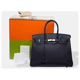 Hermès-HERMES Birkin 35 Bag in Blue Leather - 102615-Blue