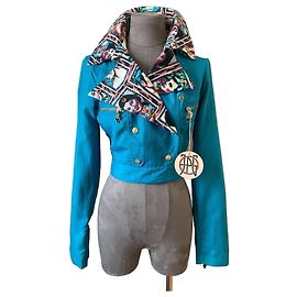 Jean Paul Gaultier Jacket Blue Cotton Asian Face Pattern Size S Blue Multiple colors