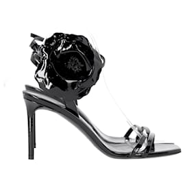 Saint Laurent-Saint Laurent Amber Flower-corsage Sandals In Black Patent Leather -Black