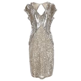 Escada-Escada Deienna V-Neck Open Back Knee Length Dress in Gold Sequin-Golden