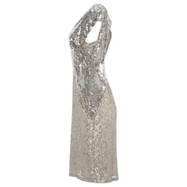 Escada-Escada Deienna V-Neck Open Back Knee Length Dress in Gold Sequin-Golden