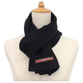 Prada-Prada Wool Ribbed Logo Scarf-Black