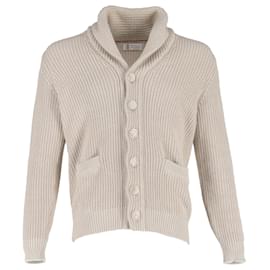 Brunello Cucinelli-Brunello Cucinelli Shawl-Collar Ribbed Cardigan in Beige Cotton-Beige