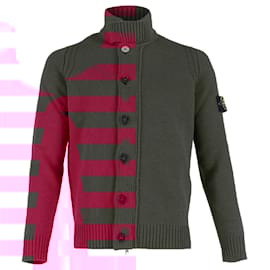 Stone Island- Stone Island Zipped Cardigan with Buttons in Burgundy Lambswool-Red,Dark red