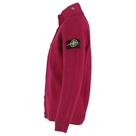 Stone Island- Stone Island Zipped Cardigan with Buttons in Burgundy Lambswool-Red,Dark red
