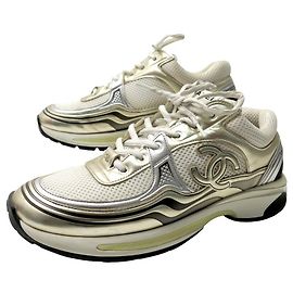 CHANEL G39794 CC LOGO SNEAKERS 43 WHITE CANVAS GOLD LEATHER White