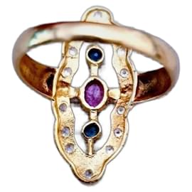 Autre Marque-Art Deco ring 18k gold / ruby-Red,Blue,Gold hardware