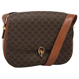 Céline-CELINE Macadam Canvas Shoulder Bag PVC Leather Brown Gold Auth 116840-Brown,Golden