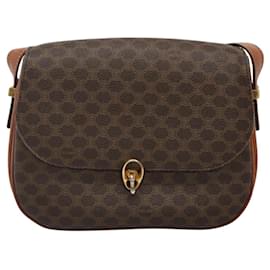 Céline-CELINE Macadam Canvas Shoulder Bag PVC Leather Brown Gold Auth 116840-Brown,Golden