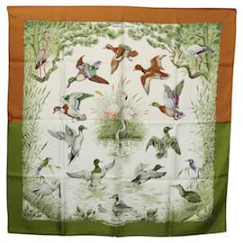 Hermès-HERMES Carre 90 Scarf Halte en Camargue Silk Brown Green Auth ki5597-Brown,Green