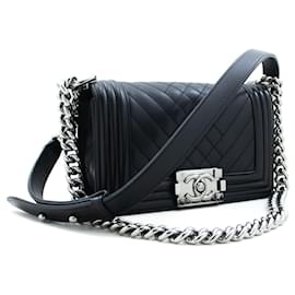 Chanel-CHANEL Small Boy Chain Shoulder Bag Black Quilted Flap Calfskin-Black