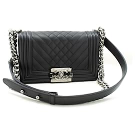 Chanel-CHANEL Small Boy Chain Shoulder Bag Black Quilted Flap Calfskin-Black